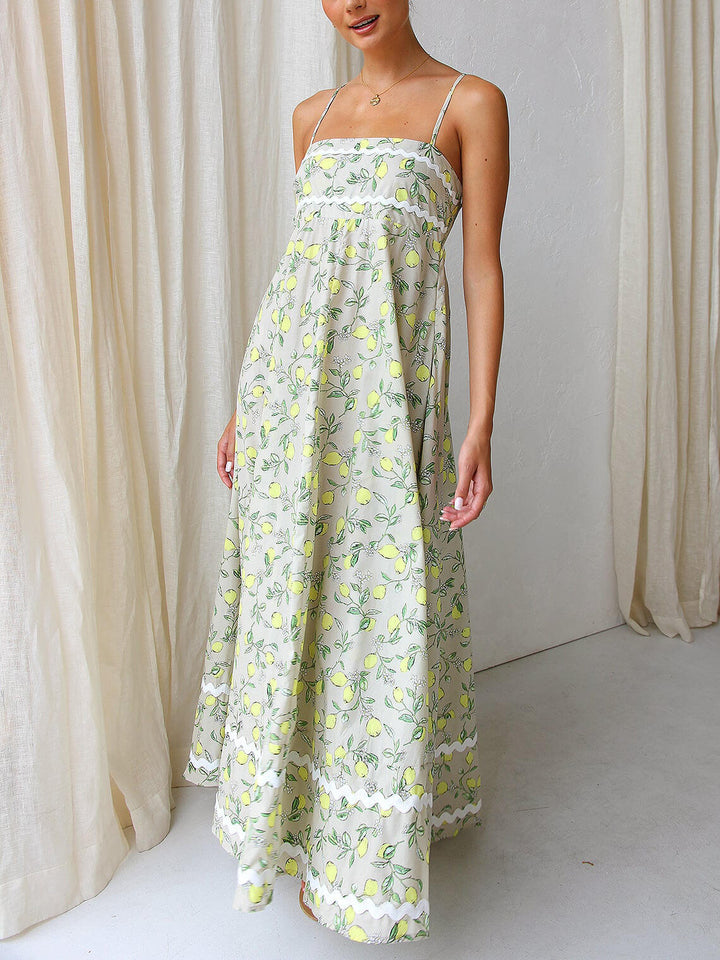 Fresh Lace Splicing Lemon Print Maxi Dress