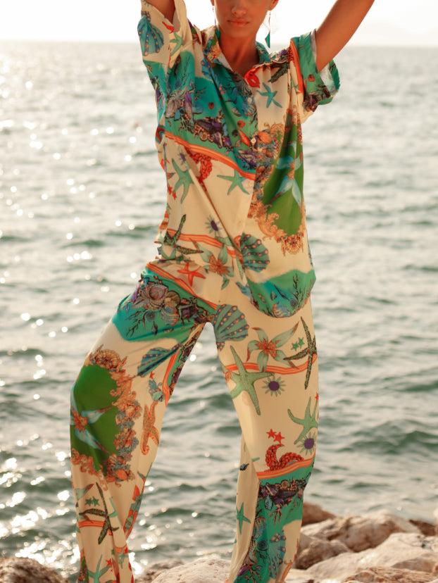 סט מכנסיים חולצה בהדפס פרחוני אוקיינוס ​​ייחודי בשני חלקים
