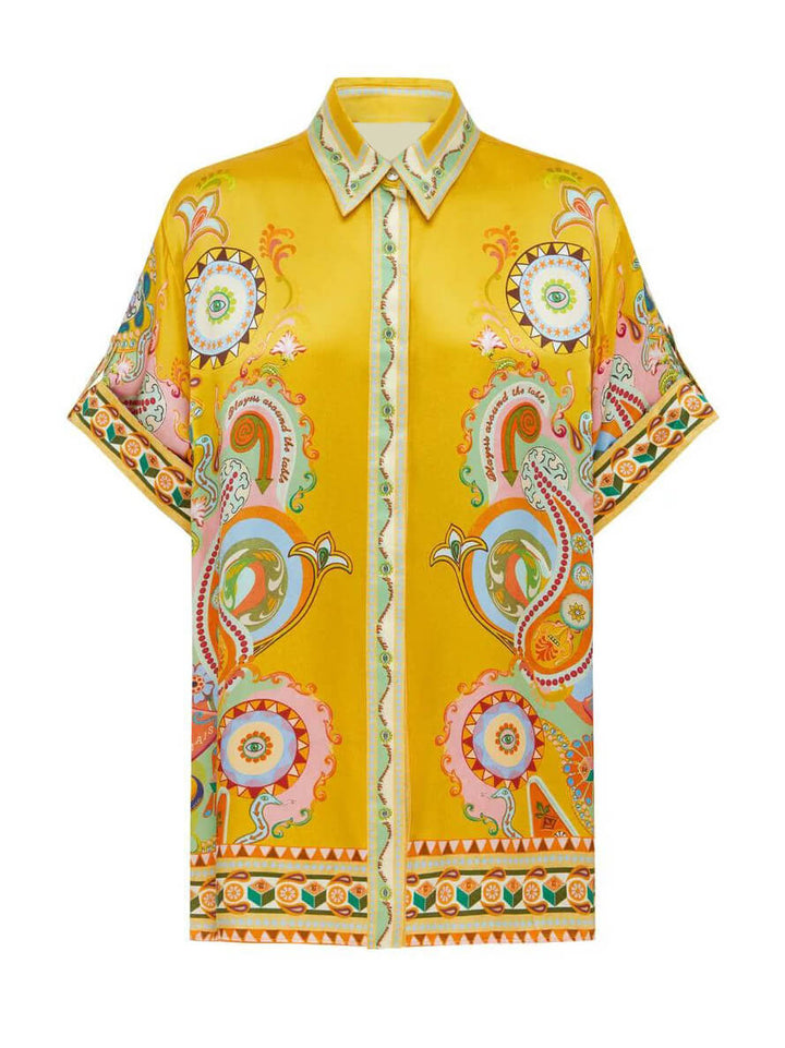 Sofistikerad Satin Unik Cashew Blomma Print Button Oversized Skjorta