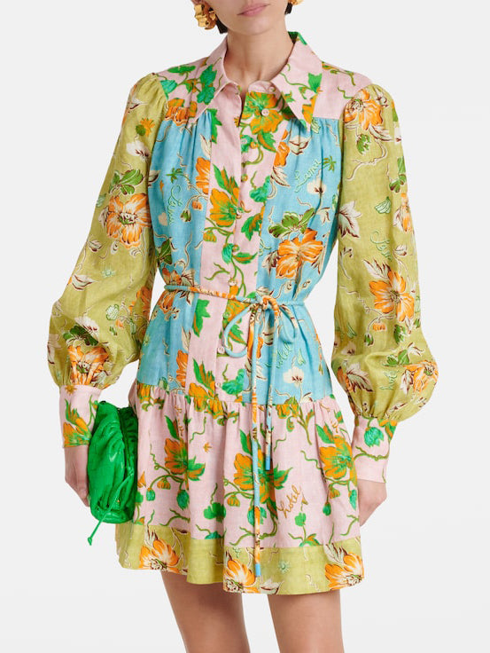 Exquisite Multicolor Floral Patchwork Print Shirt-Style Mini Dress