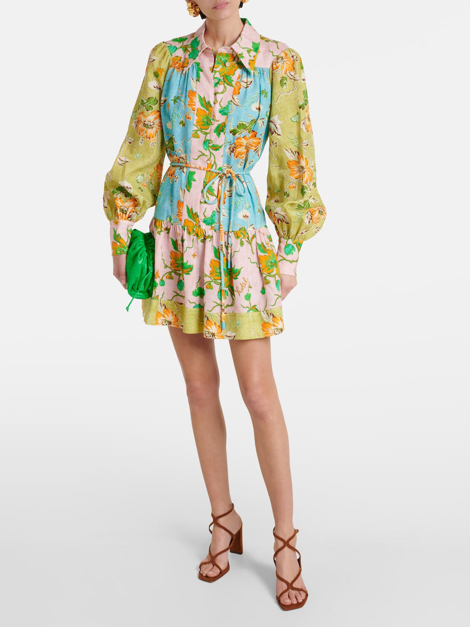 Exquisite Multicolor Floral Patchwork Print Shirt-Style Mini Dress