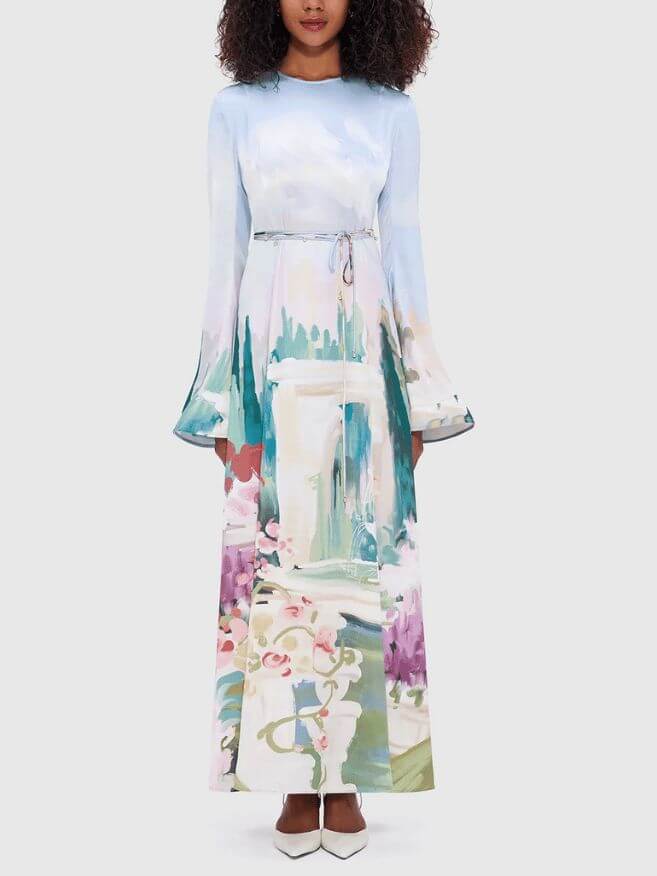 절묘한 새틴 그래피티 프린트 트럼펫 슬리브 ​​맥시 드레스