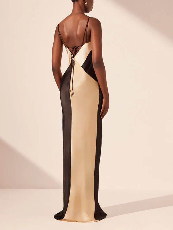 Satin Contrasting V-Neck Double Strap Maxi Dress