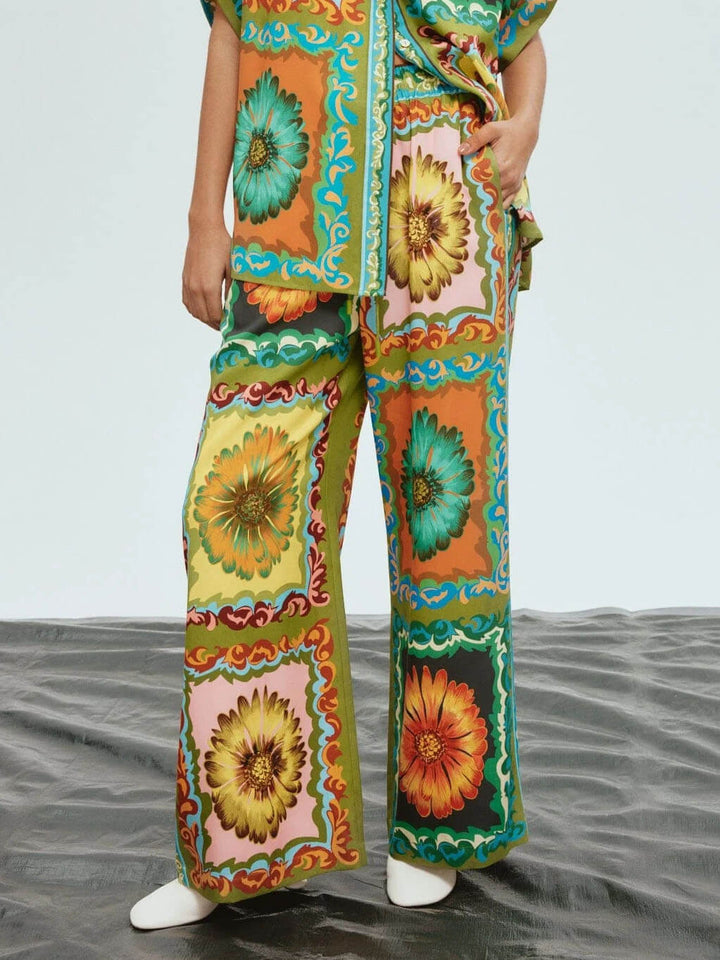Unique Sunflower Print Wide Leg Pants
