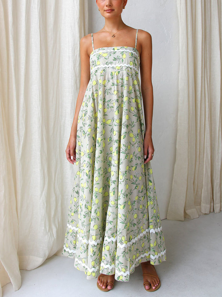 Maxi-jurk met frisse kanten split en citroenprint
