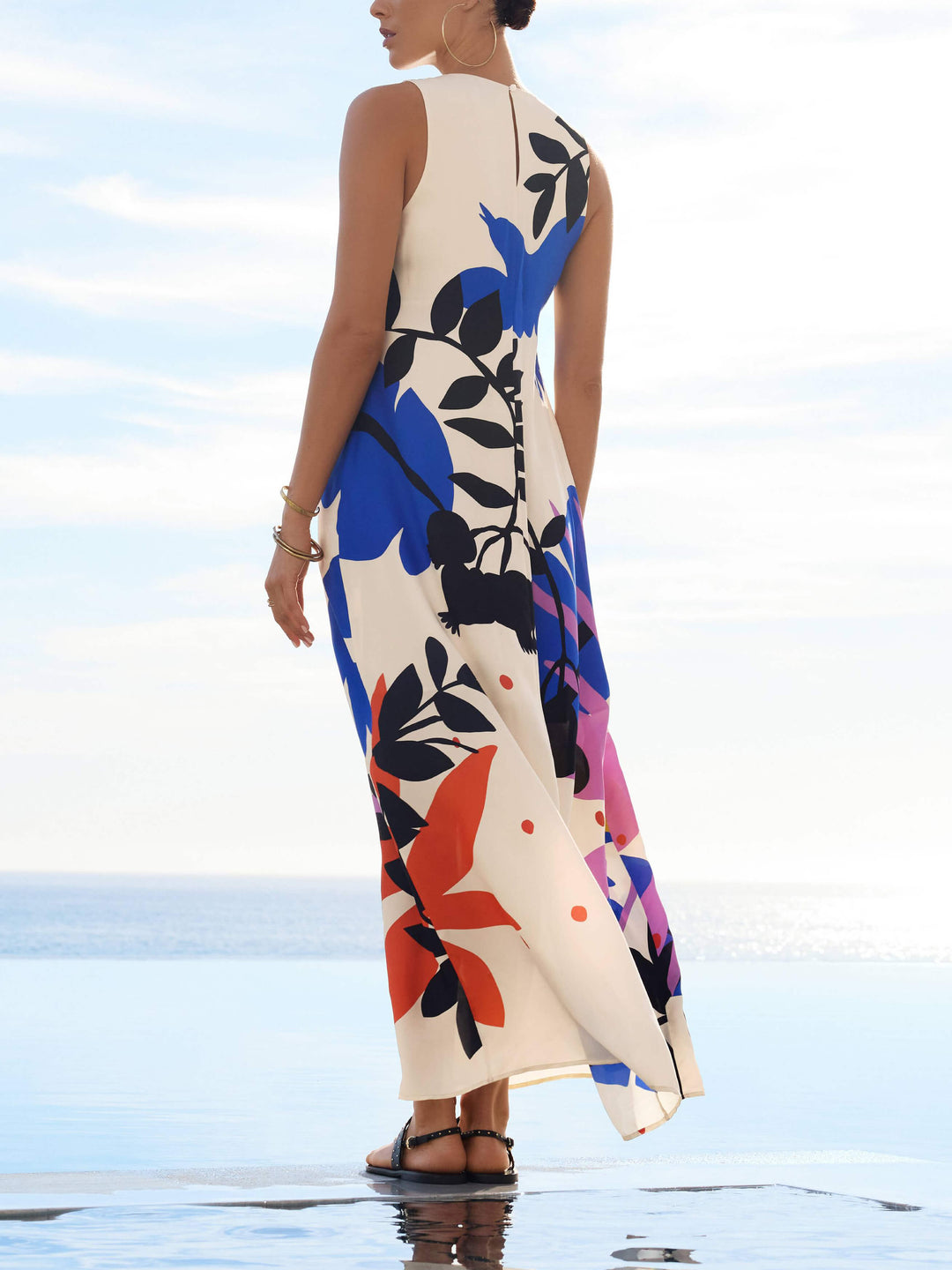 Satin Art Floral Print Maxi Dress