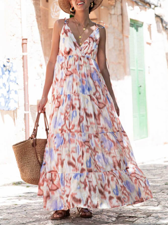 Vacation Casual Loose Tie-Dye Floral V-Neck Waist Slimming Midi Dress