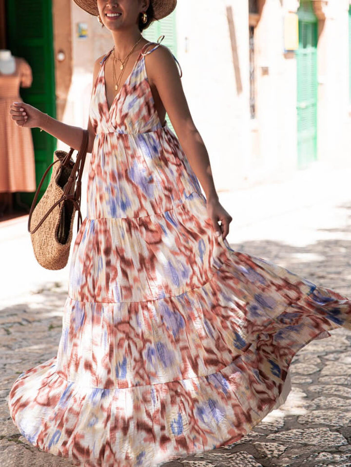 Vacation Casual Loose Tie-Dye Floral V-Neck Waist Slimming Midi Dress