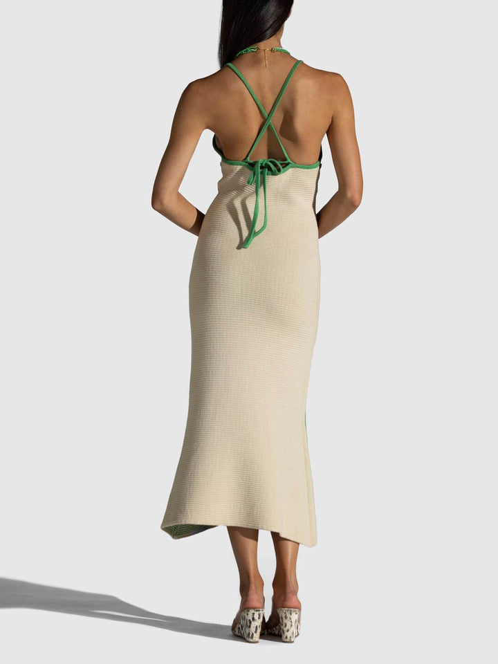 Seksowna sukienka midi z dzianiny, z wiązaniem na szyi, dekoltem w kształcie litery V, bez pleców