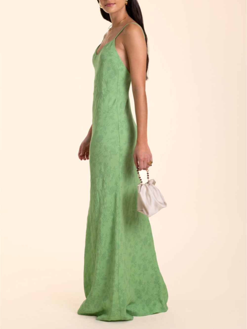 Elegante vestido maxi jacquard verde limão com decote em V