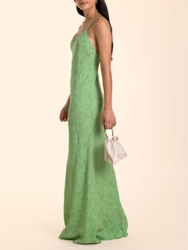 Elegancka żakardowa sukienka maxi z dekoltem w kształcie litery V w kolorze limonkowo-zielonym