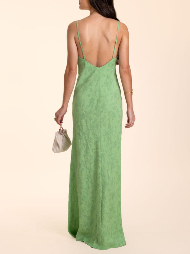 Elegante vestido maxi jacquard verde limão com decote em V