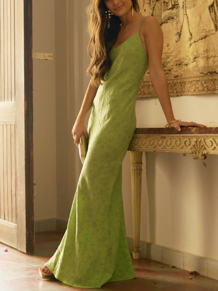 Elegant  Lime Green Jacquard V-Neck Maxi Dress