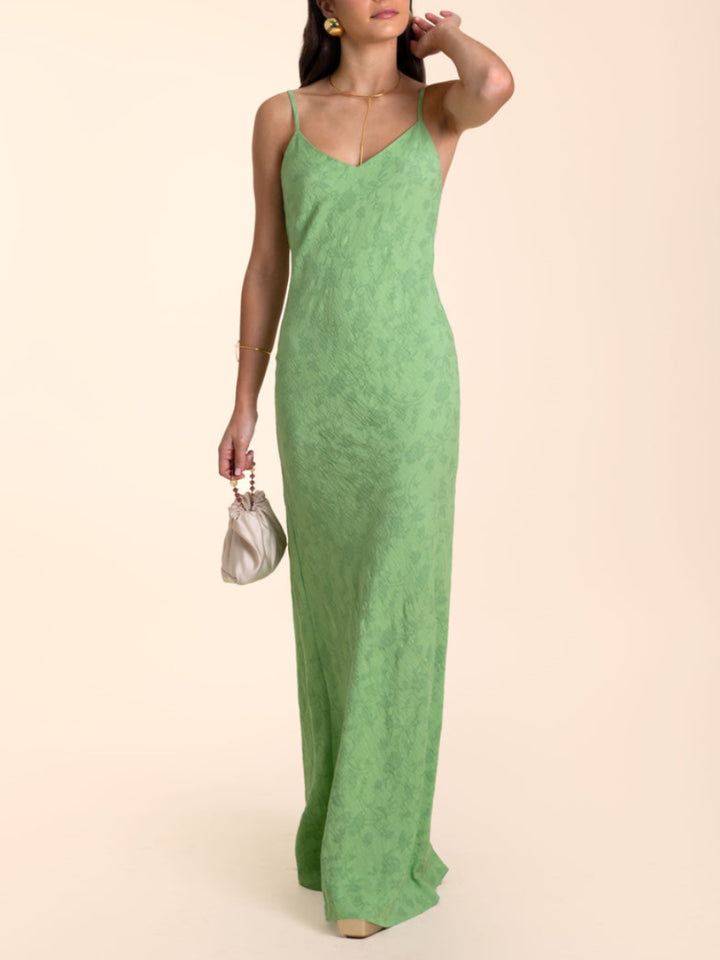Elegancka żakardowa sukienka maxi z dekoltem w kształcie litery V w kolorze limonkowo-zielonym