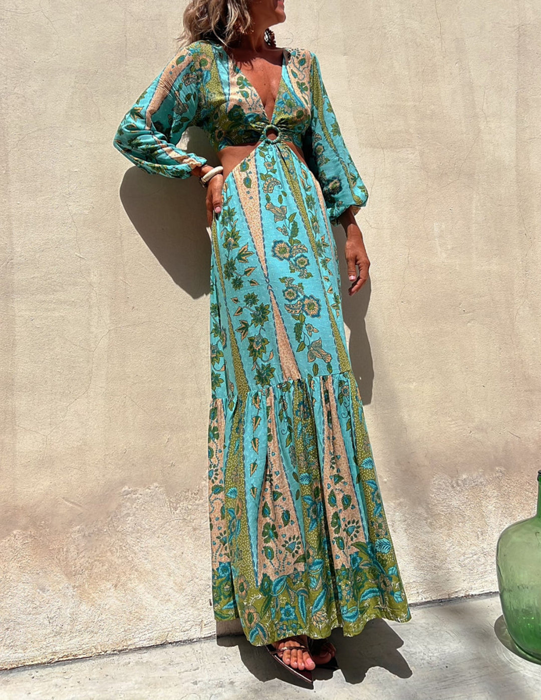 Surprised By You Printed Side Cutout Elastic Waist Maxi Dress