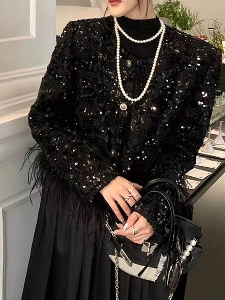 Black Sequins Jacket With Feathers