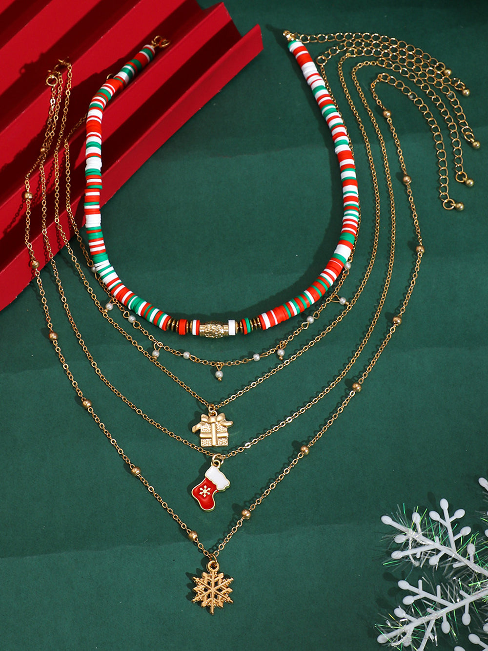 4Pcs Christmas Tree Snowflake Bells Ceramic Necklace