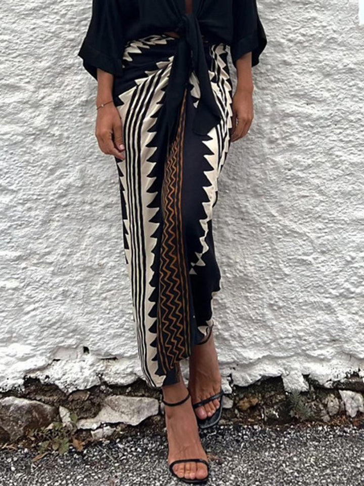 Maxi sukně Astra Ethnic Print Ruched Wrap Wrap s vysokým pasem