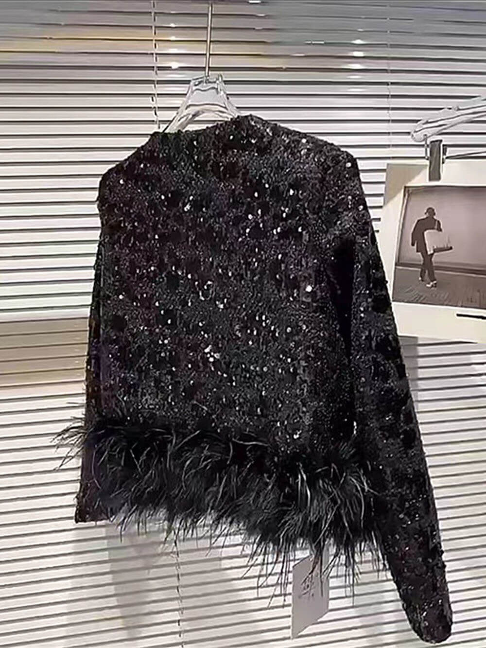 Black Sequins Jacket With Feathers