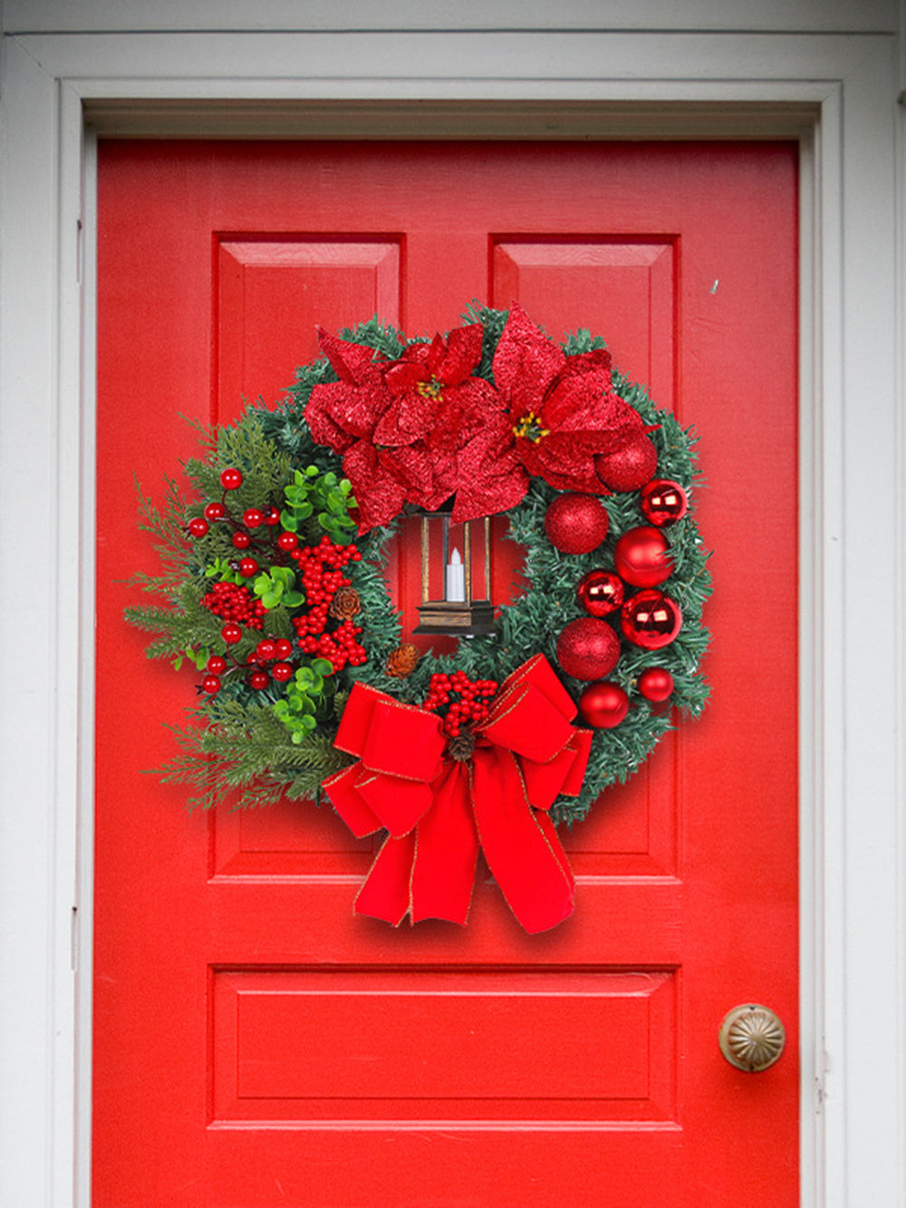 Weihnachtskranz, Öllampe, Dekoration für die Haustür
