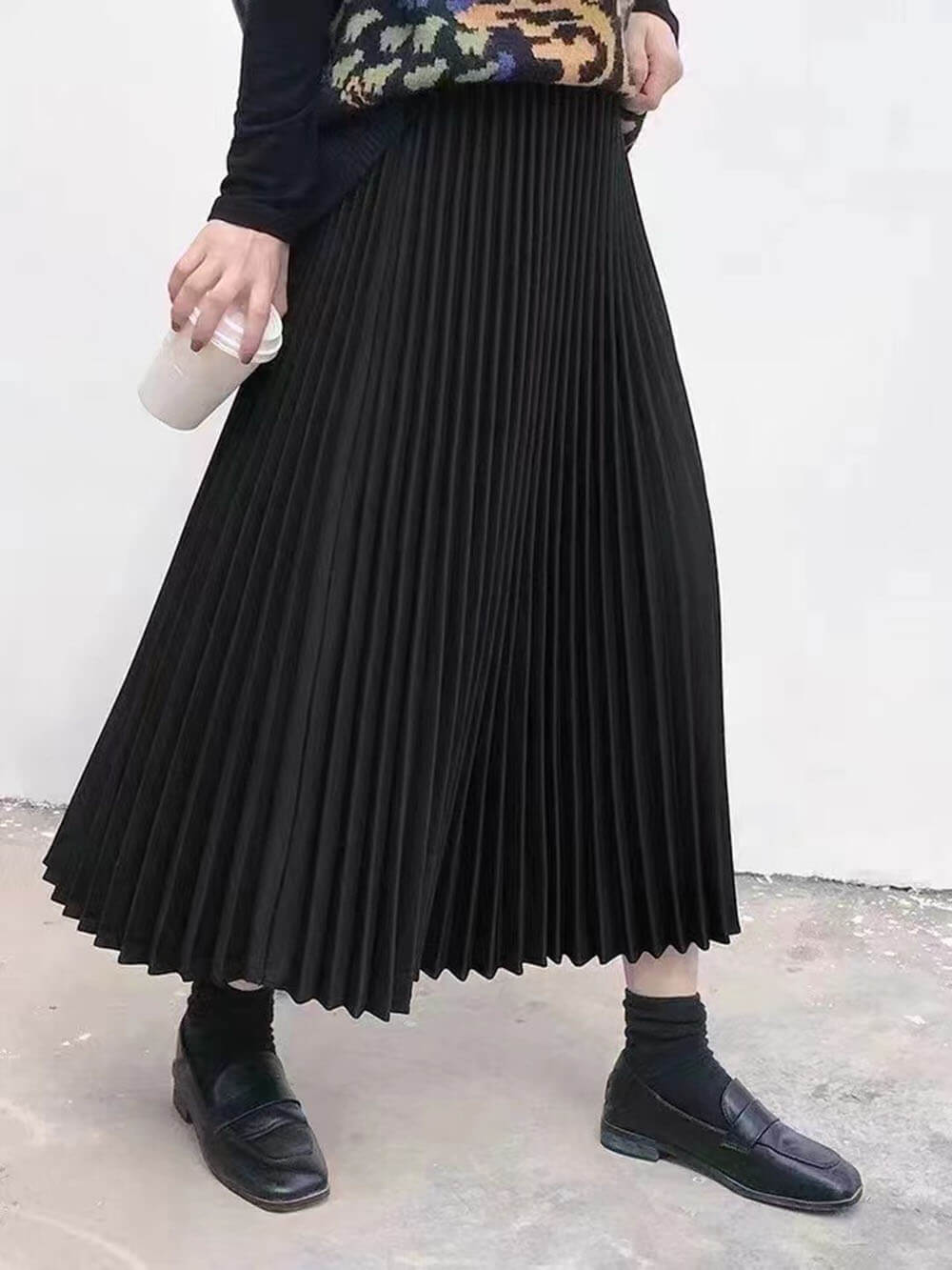 Elastic High-Waisted Pleated Midi Skirt