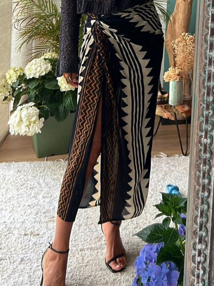Maxi sukně Astra Ethnic Print Ruched Wrap Wrap s vysokým pasem