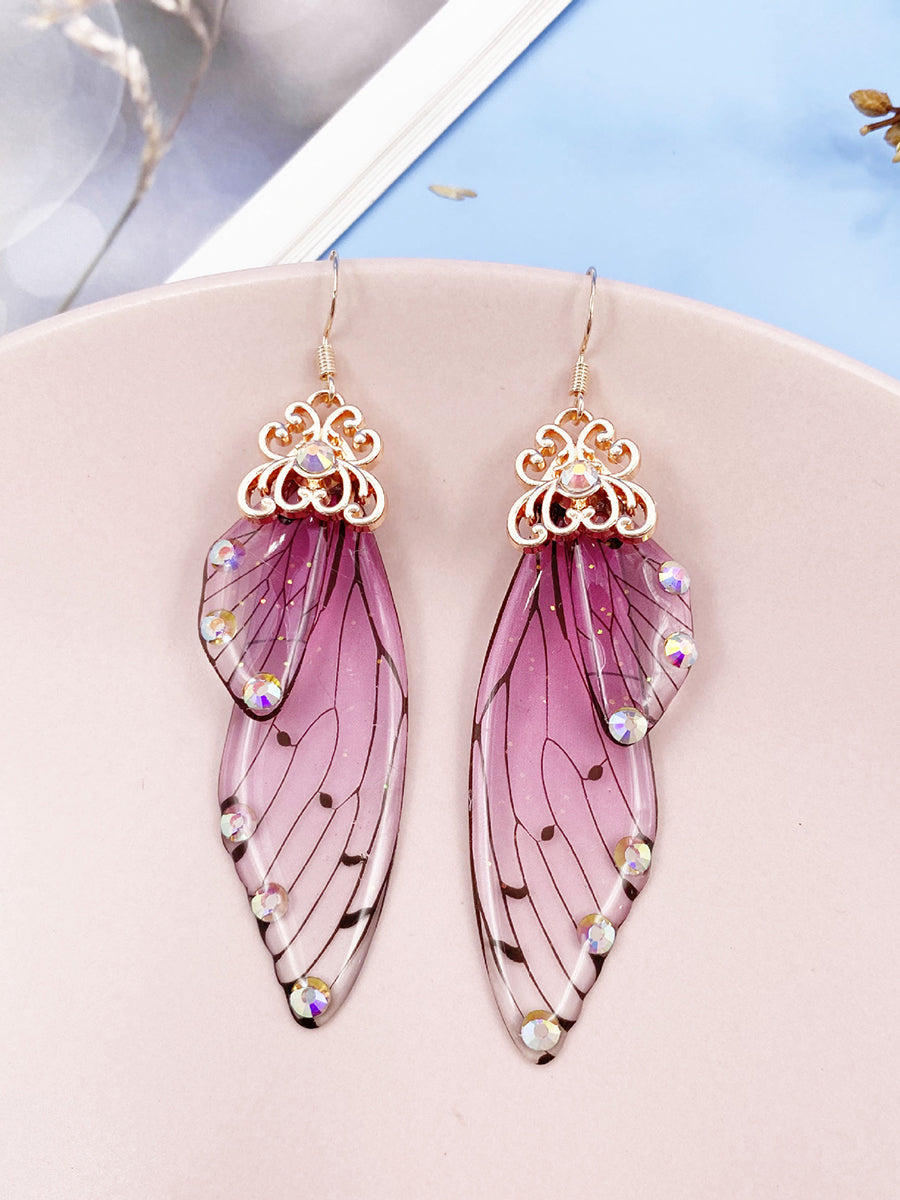 나비 날개 핑크 라인스톤 매미 날개 크리스탈 귀걸이