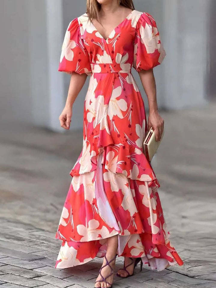 Elegant V-Neck Printed Layered Dress