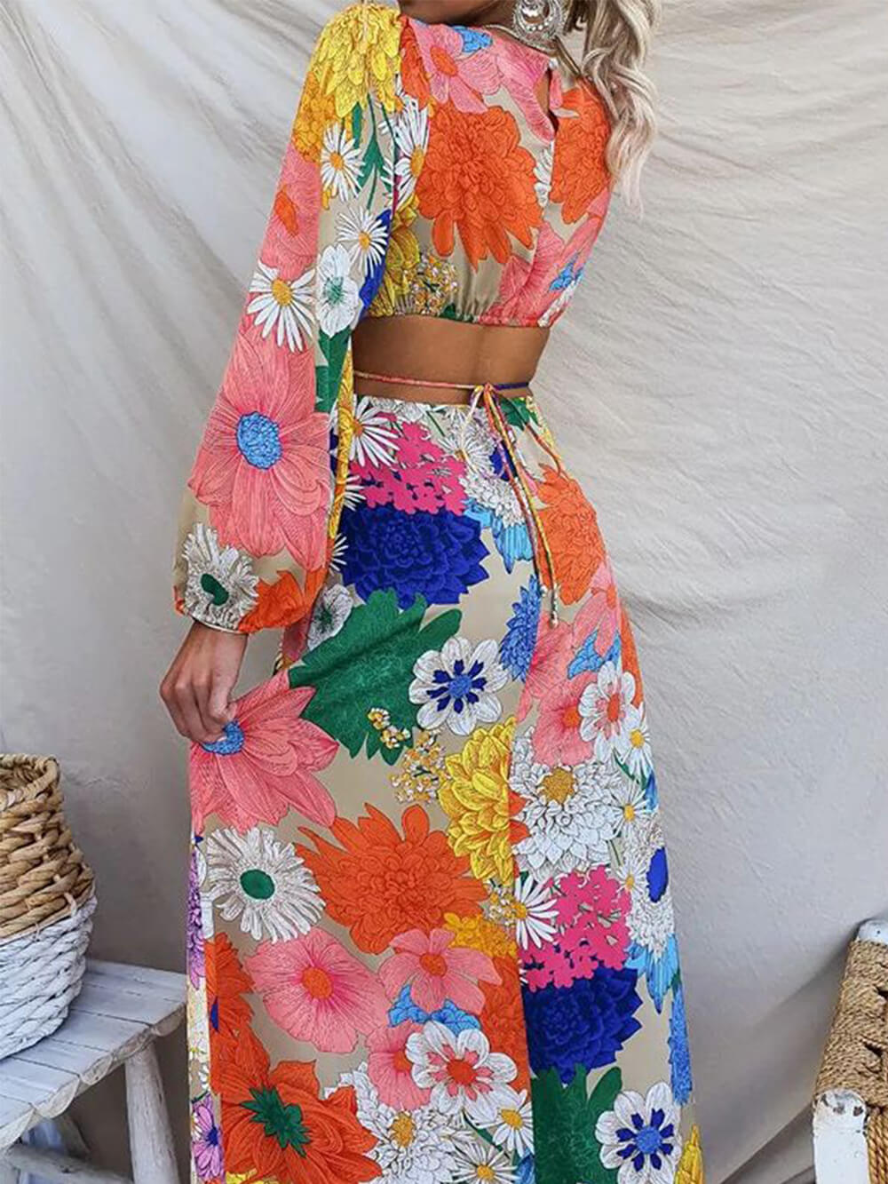 Printed Lace Backless Resort Dress