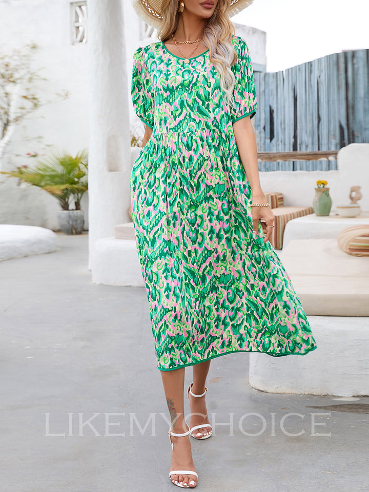 Printed Vacation Loose Crew-Neck Bubble Dress