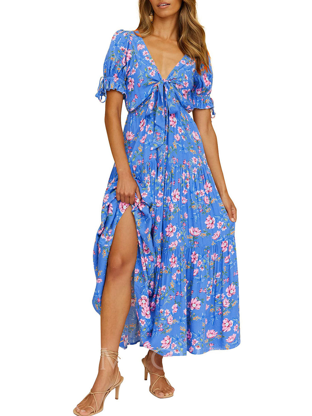 V-Neck Cutout Short Sleeve Floral Casual Beach Dress
