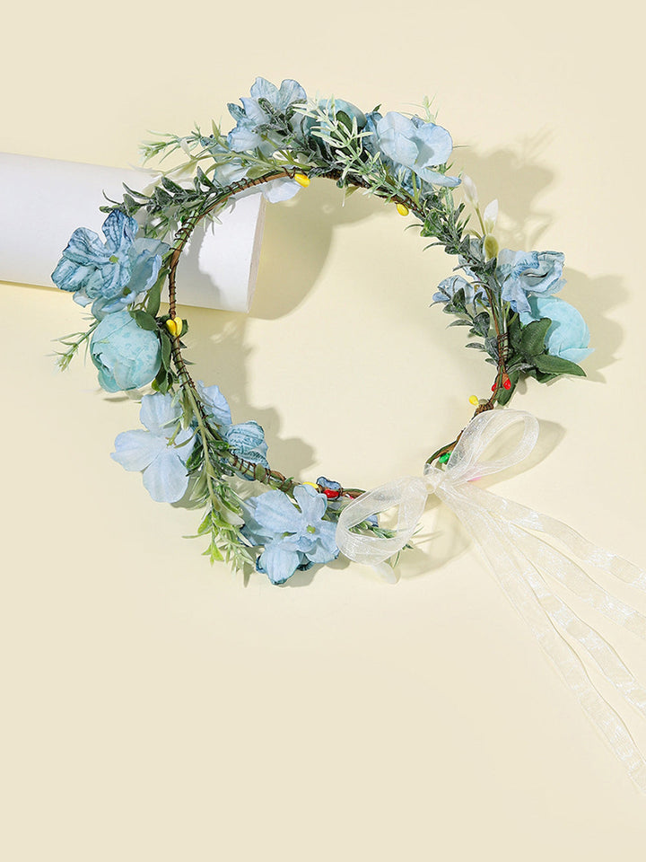 Boho Flower Crown Headpiece Wianek do włosów ze wstążką Festival Blue
