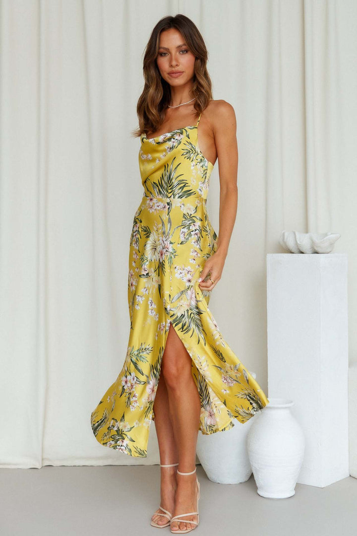 Sexy Satin Slip Dress With Floral Print