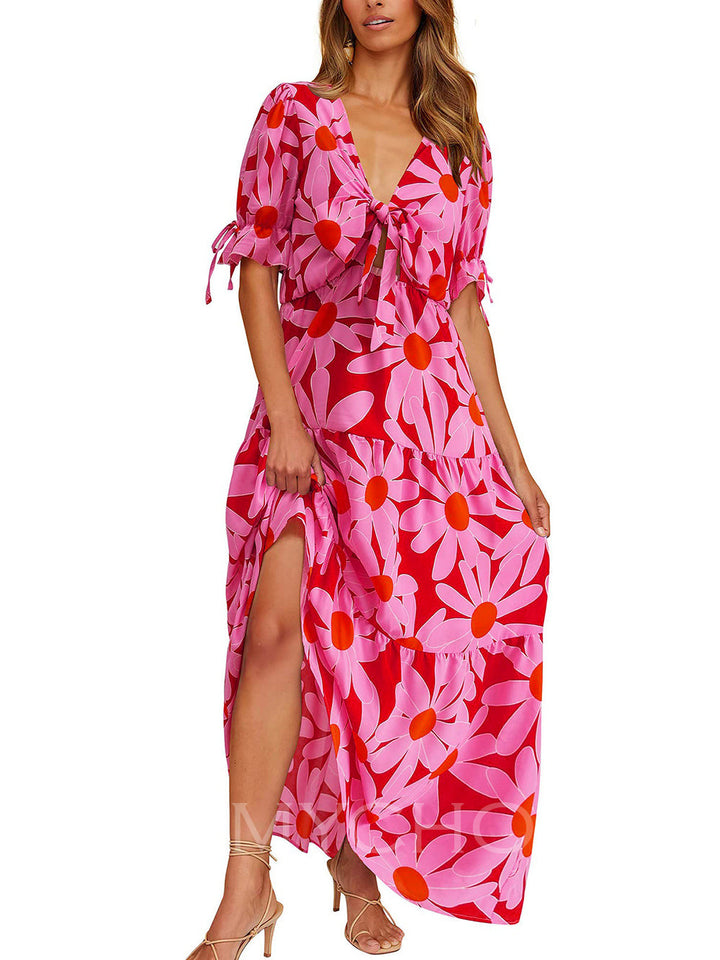 V-Neck Cutout Short Sleeve Floral Casual Beach Dress