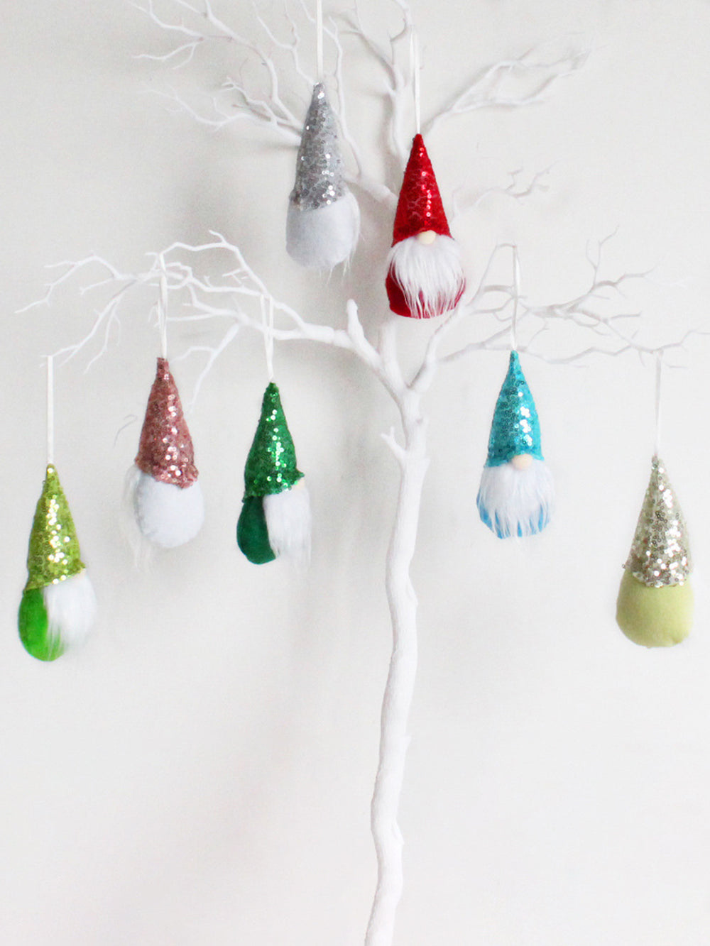 7-Piece Christmas Tree Glittery No-Face Gnome Doll Ornament Set