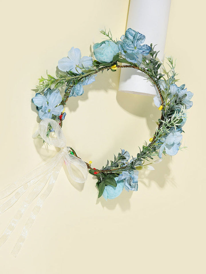 Boho Flower Crown Headpiece Hair Wreath with Ribbon Festival Blue