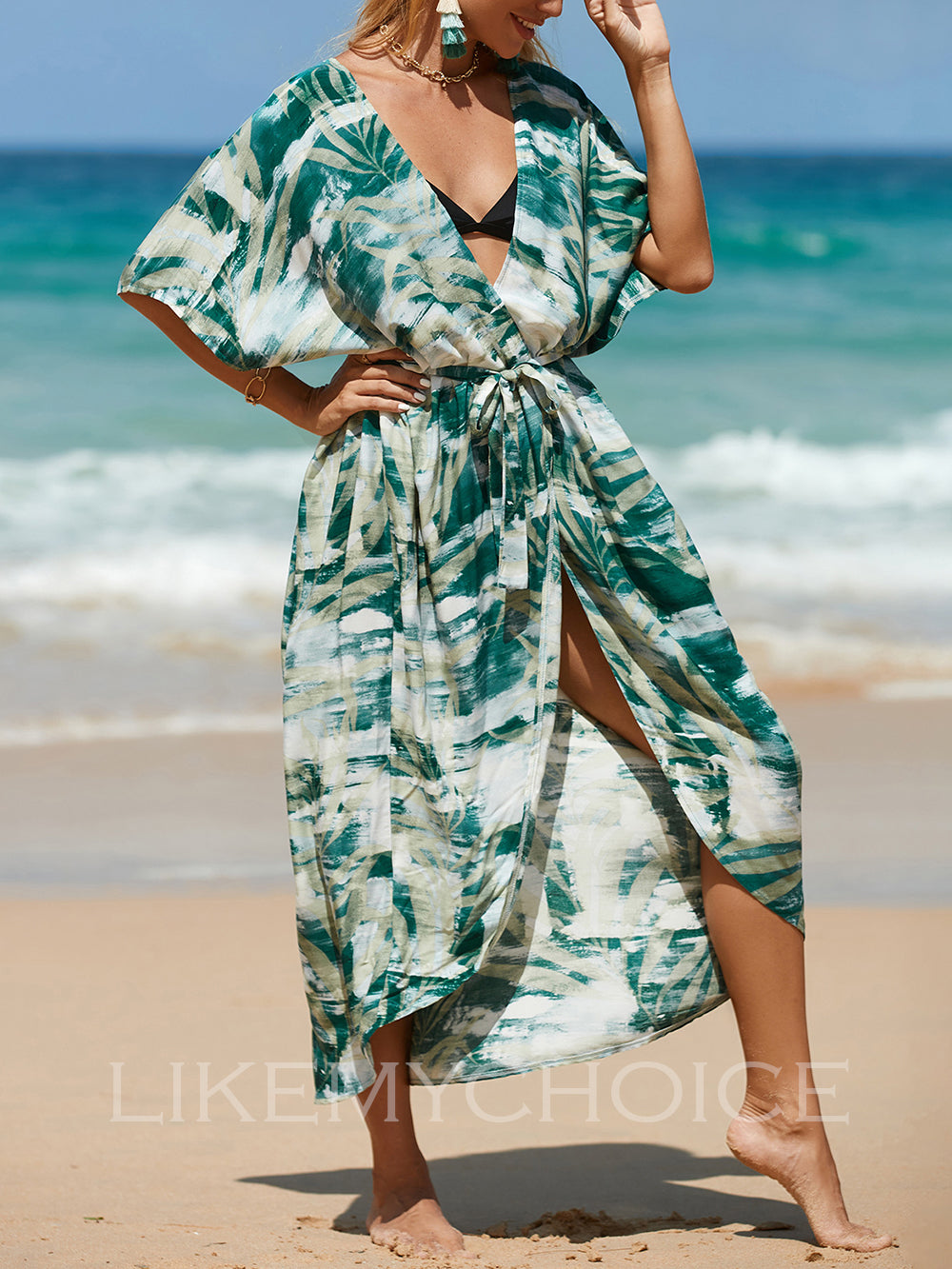 Womens Coral Print Open Front Beach Dresses