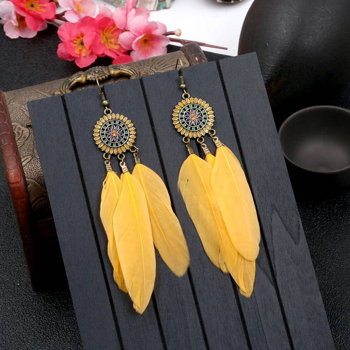 Vintage Sunflower Feather Tassel Earrings: Stylish Dangle Earrings for Women's Vacation and Daily Wear