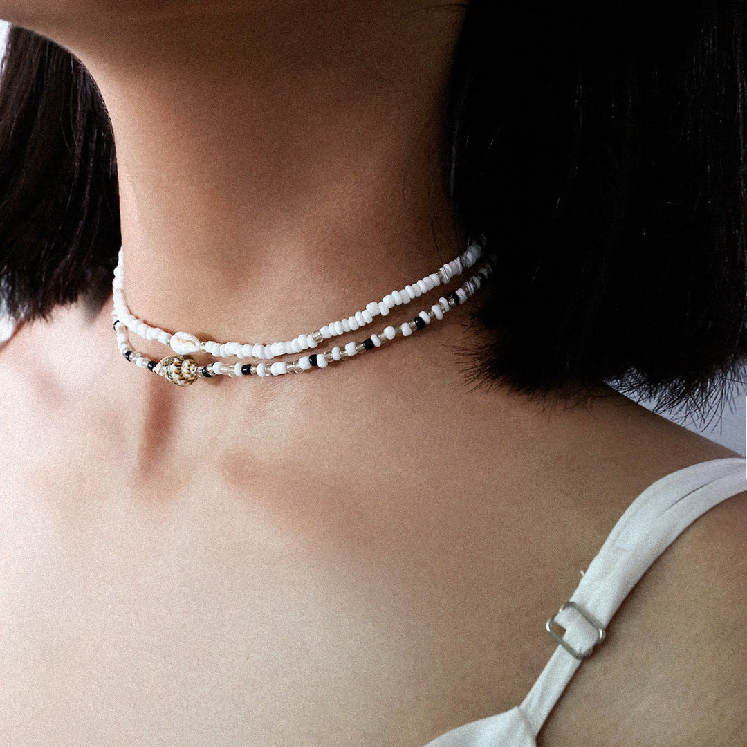 Elegant Mixed Bead and Seashell Multilayer Necklace: Handmade Short Choker for a Chic Look