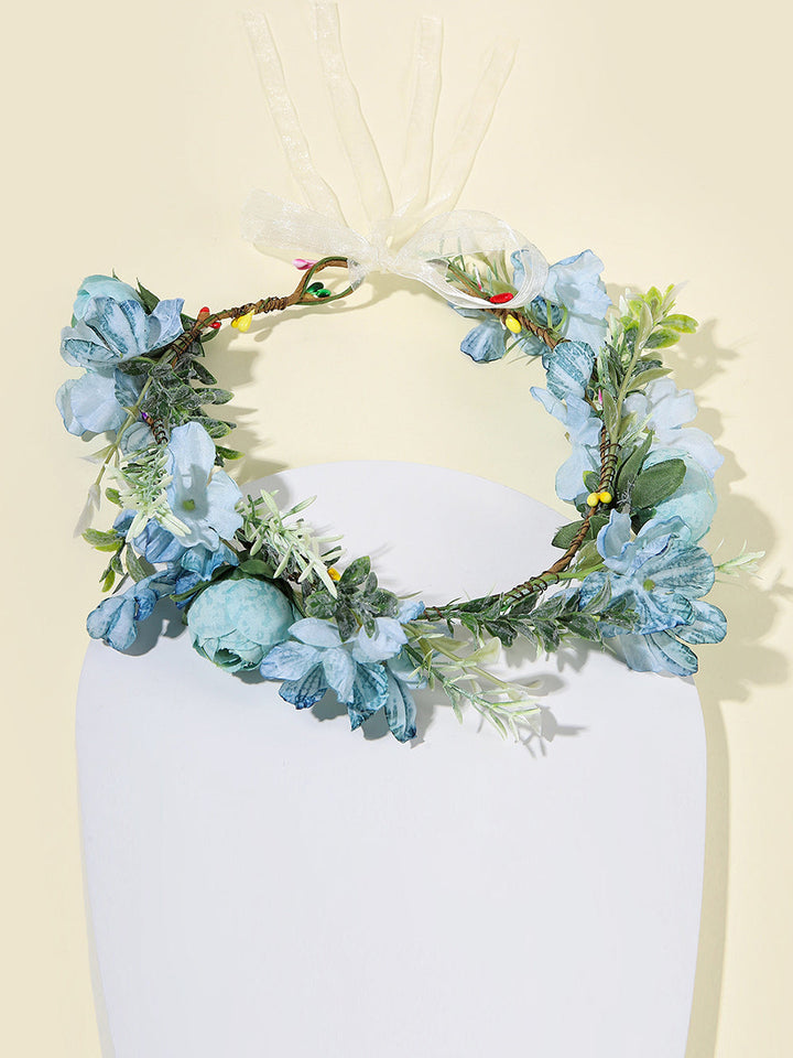 Boho Flower Crown Headpiece Hair Wreath with Ribbon Festival Blue