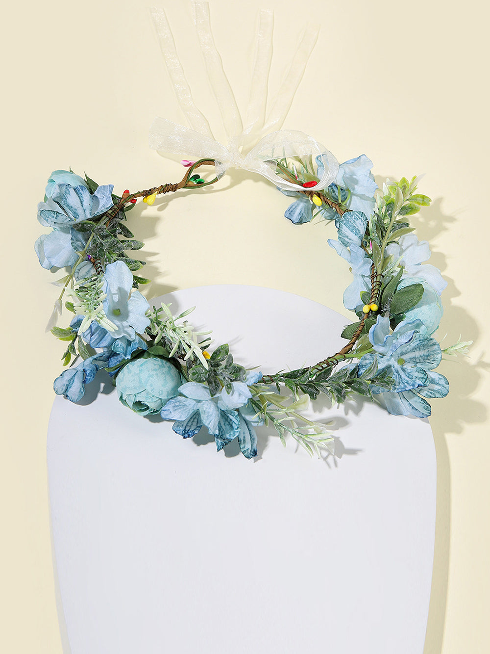Boho Flower Crown Headpiece Hårkrans med Bånd Festival Blue