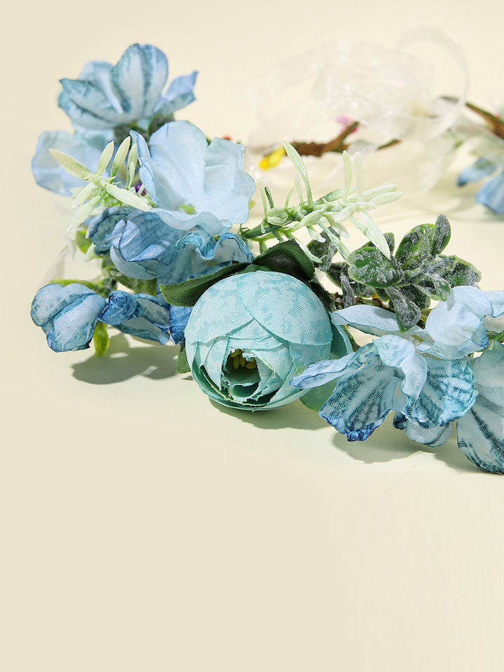 Boho Flower Crown Headpiece στεφάνι μαλλιών με κορδέλα Festival Blue
