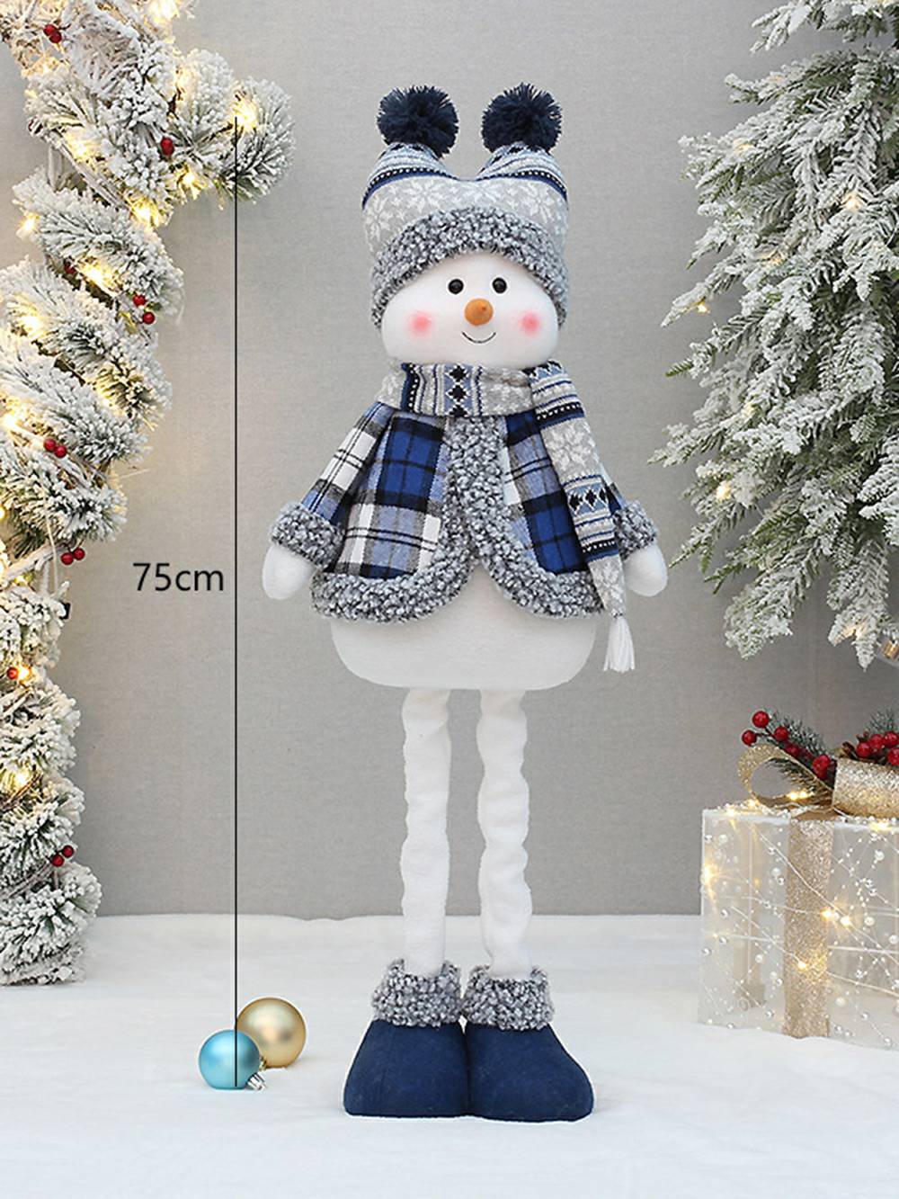 Enfeites decorativos retráteis de boneca de Natal em tecido azul de Natal