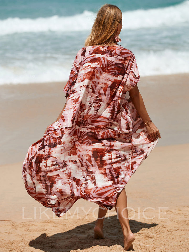 Koralltryck för kvinnor med öppen framsida strandklänningar