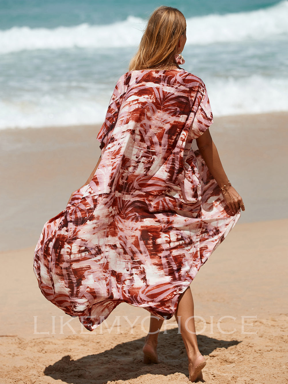 Damen Coral Print Open Front Beach Kleeder