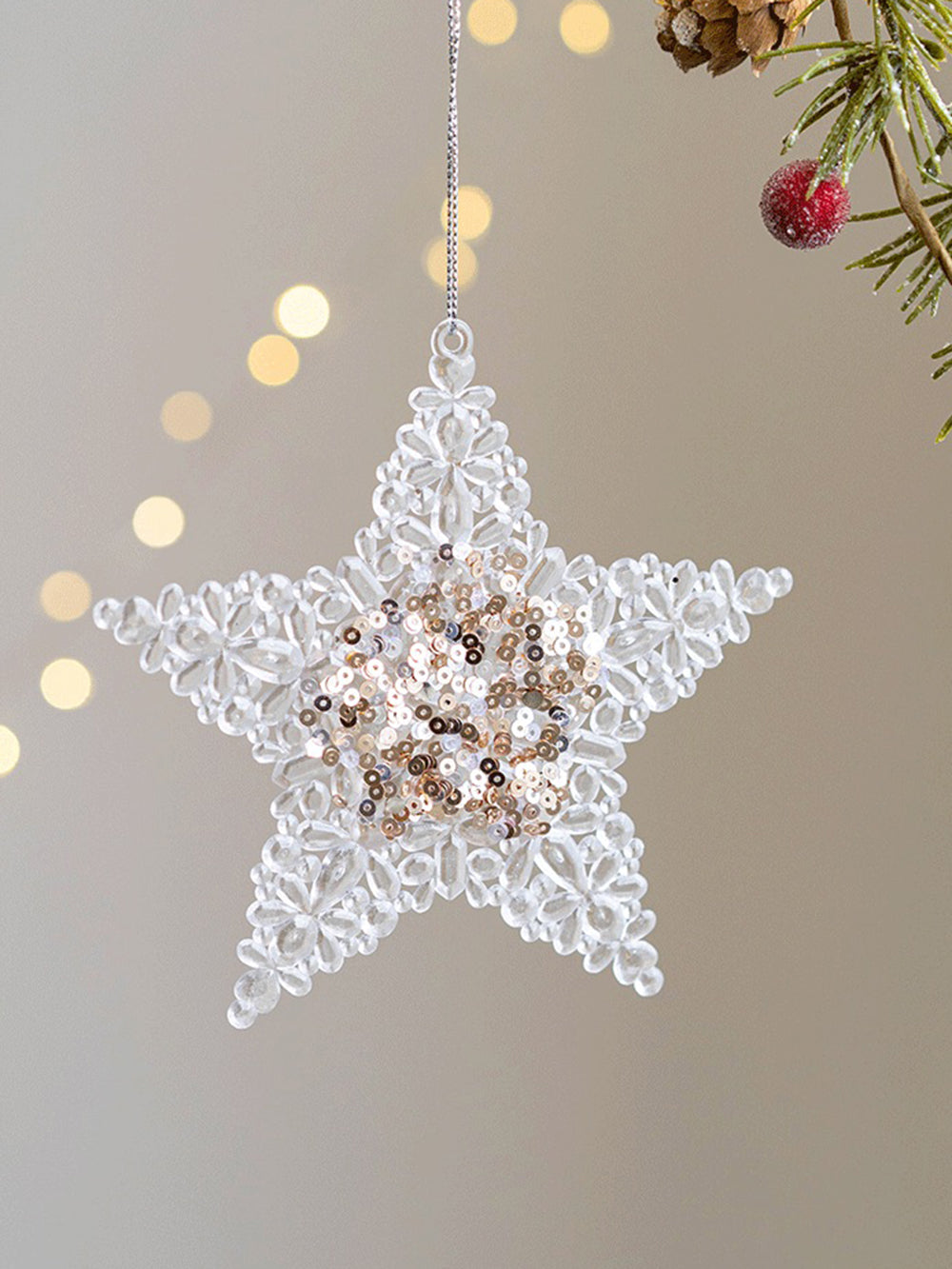 Ciondolo decorativo per albero di Natale con paillettes rosa appiccicoso, stella a cinque punte
