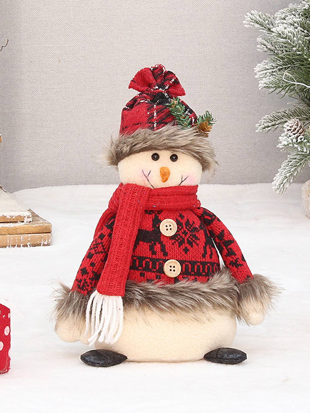 Crăciun de pluș țesătură carouri roșii Om de zăpadă elan ornament păpușă