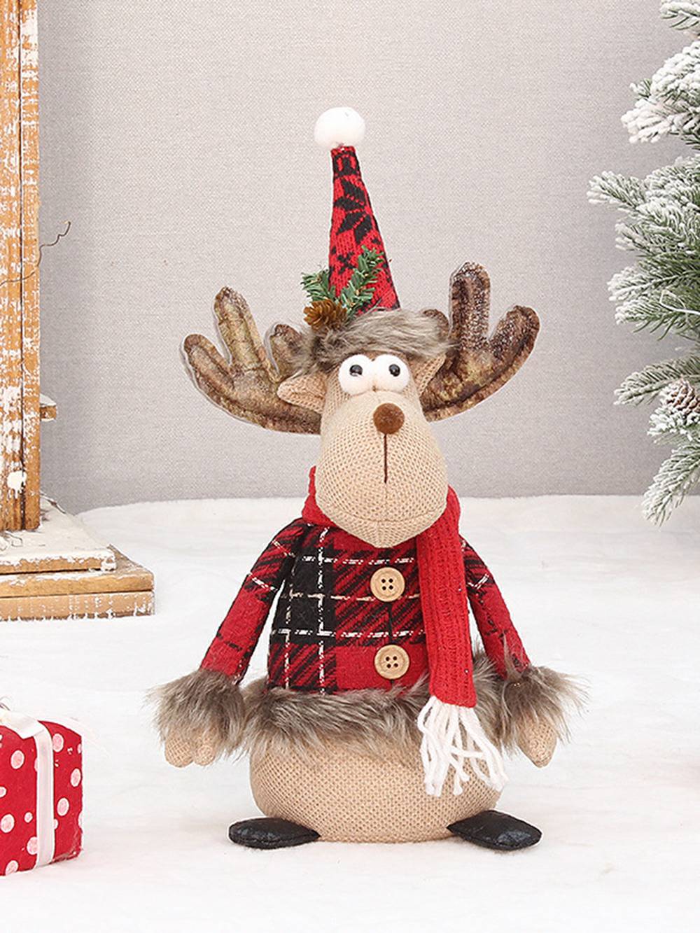 Adorno de muñeca de alce y muñeco de nieve de tela escocesa roja de felpa navideña