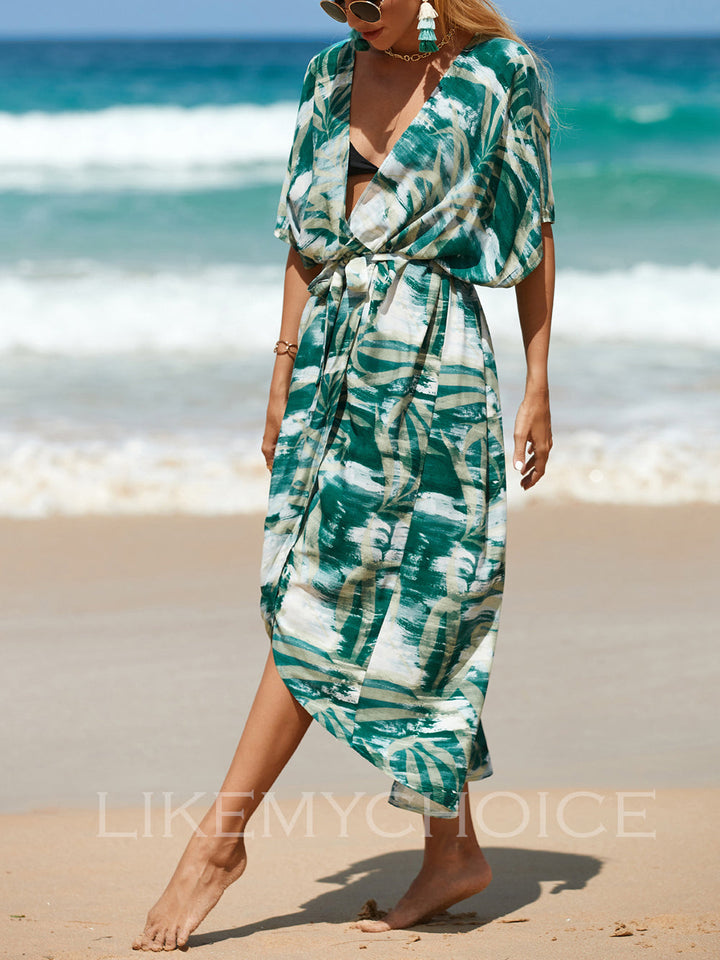 女式珊瑚印花开襟沙滩连衣裙