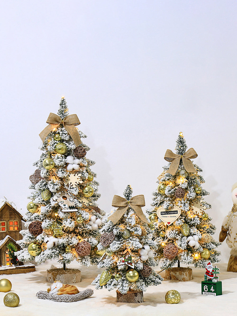 Guld flockade Mini julgran dekorativa bordsdekorationer